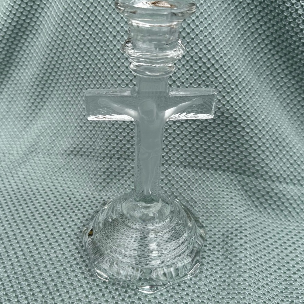 Jesus Glass Crucifix Vintage Cross Taper Candlestick Candle Holder Clear EUC